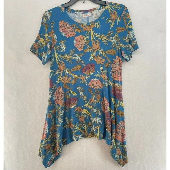 Logo Lori Goldstein Tunic Top Sz S Blue Floral Round Neck Asymmetric Hem Boho - Picture 1 of 11